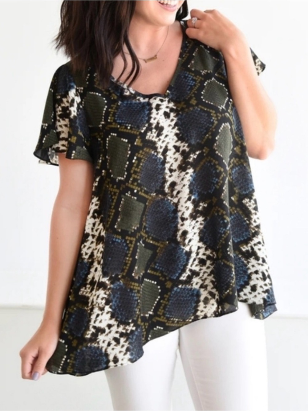 Buddy Love Olive, Navy & Cream Printed V-Neck Flutter Top